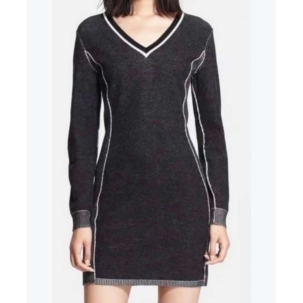 Rag & Bone V-Neck Knit Mini Sweater Dress M Charcoal Grey Cozy Grunge Indie